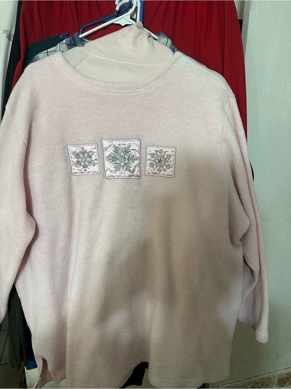 Women's Light Pink Fleece Sweater with Embroidered Snowflake Panels